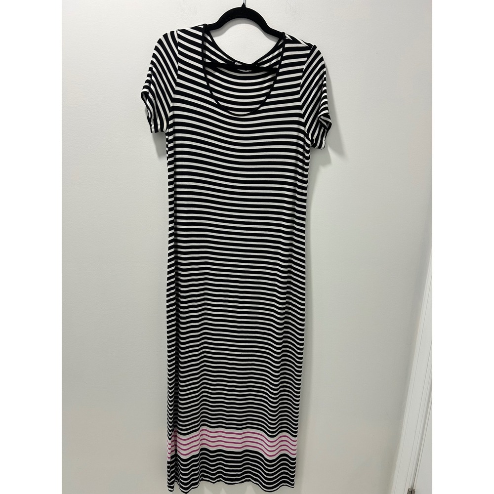 Calvin Klein Womens Black White Striped Short Sleeve Maxi Dress Pink Accent S